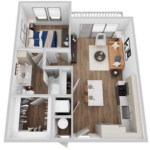 A 3D rendering of A2 floor plan at Era apartments in Denton, TX